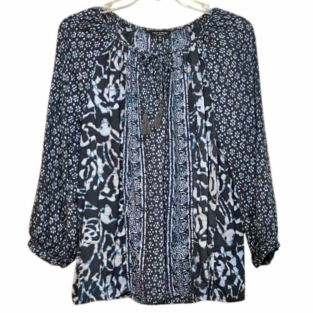 Lucky Brand 3/4 Sleeve Peasant Top in Black/Grey/Blue Women’s M